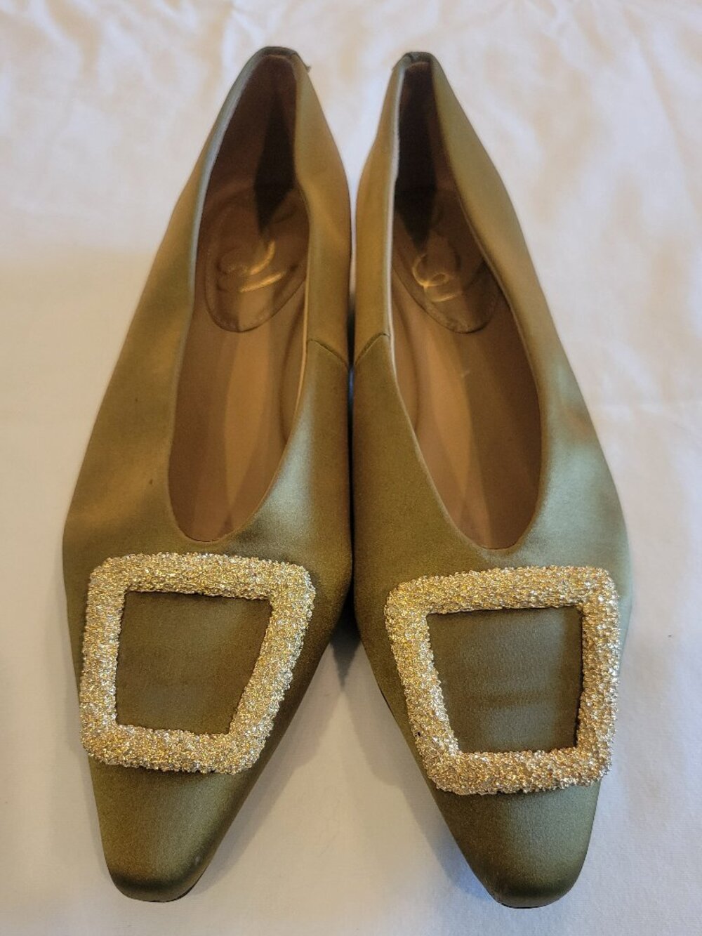 Sam Edelman Olive Satin Pointed Toe Flats Crystal Buckle Women's Size 7 - Picture 2 of 12